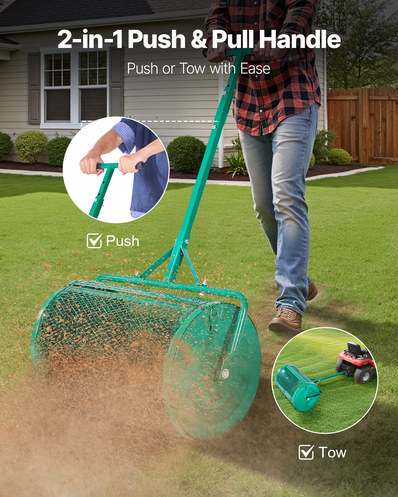 VEVOR Zaadstrooier, 67 cm brede compoststrooier met duw-/trekhendel, turfstrooier met 4 hoogte-instellingen, tuinstrooier, robuuste graszaadstrooier voor het planten en zaaien