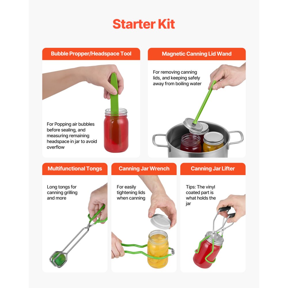 VEVOR Starterset met inmaakaccessoires: 9-delige inmaakset voor beginners (opscheplepel, maatlepel, maatbeker, trechter, tang, magnetische pottenlifter, pottensleutel).