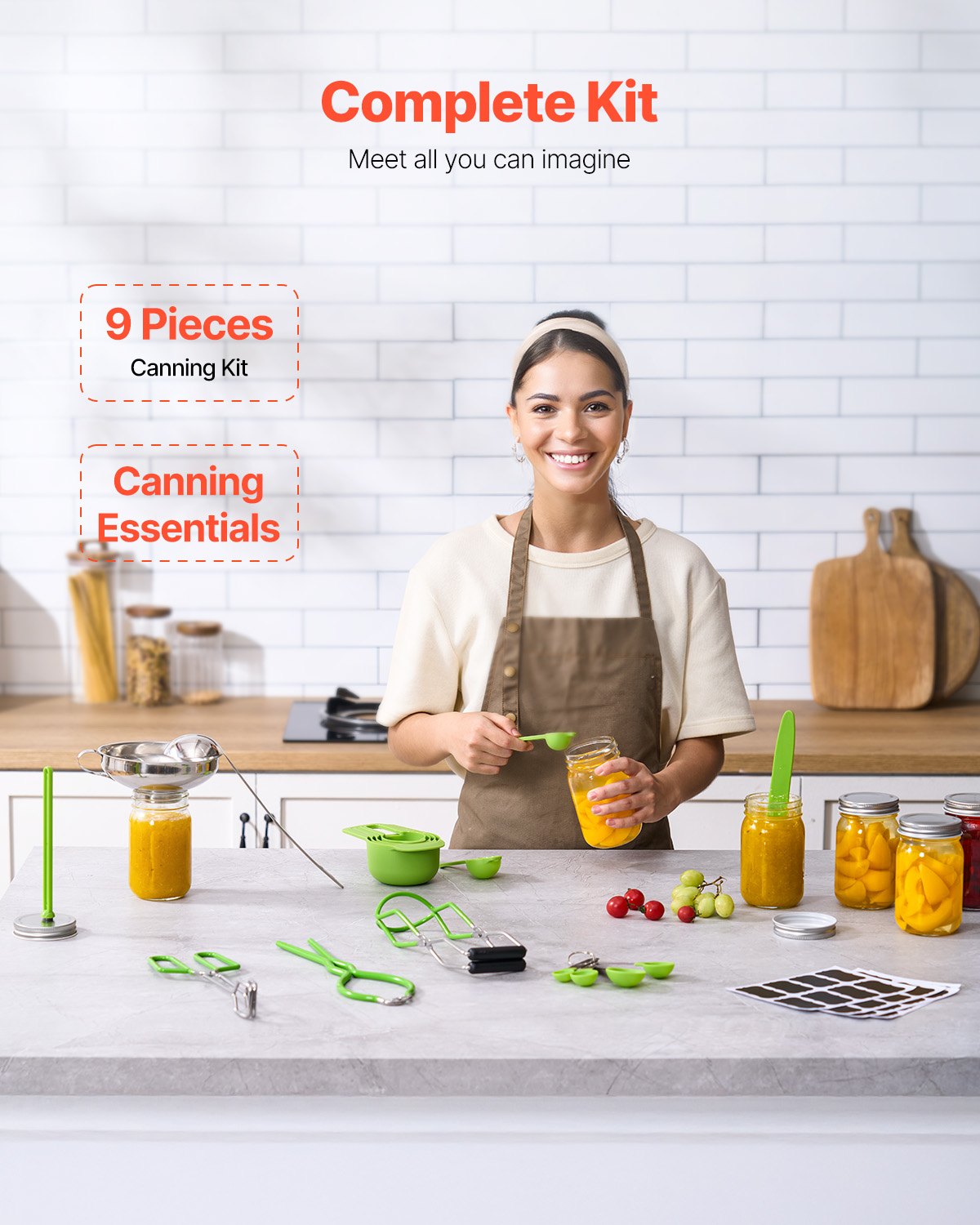 VEVOR Canning Supplies Starter Kit, 9 Pieces Stainless Steel Water Bath Canning Kit for Beginners, Canning Tools Set: Ladle, Measuring Spoon & Cup, Funnel, Tongs, Jar Lifter, Jar Wrench