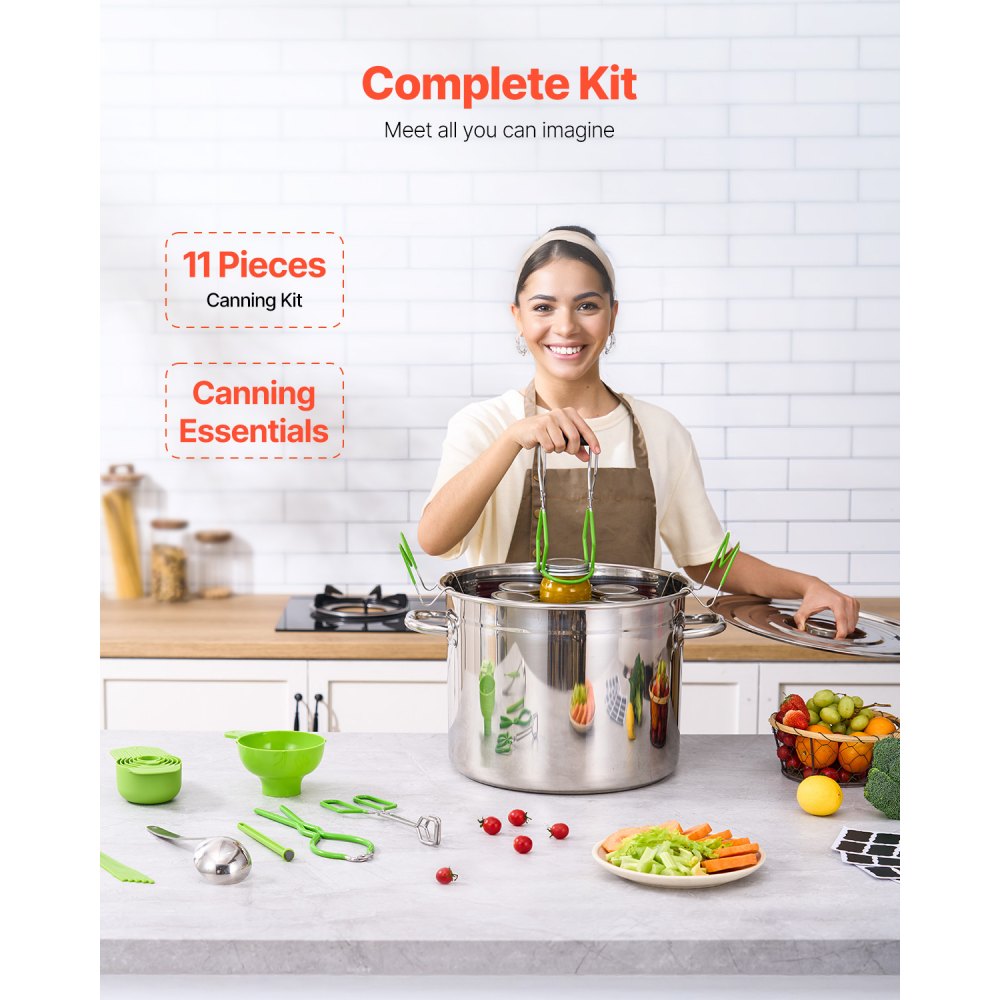 VEVOR Canning Supplies Starter Kit, 11 Pieces Stainless Steel Water Bath Canning Kit for Beginners, Canning Tools Set: Pot, Rack, Lid, Ladle, Funnel, Tongs, Jar Lifter, Wrench, Measuring Cup
