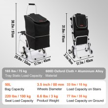 VEVOR Stair Climbing Cart, 165 lbs Static Load Capacity, Foldable Utility Cart with 50L Waterproof Bag & Seat, Rubber Tri-Wheels & Padded Handle, Multipurpose Stair Climber for Travel Shopping Office