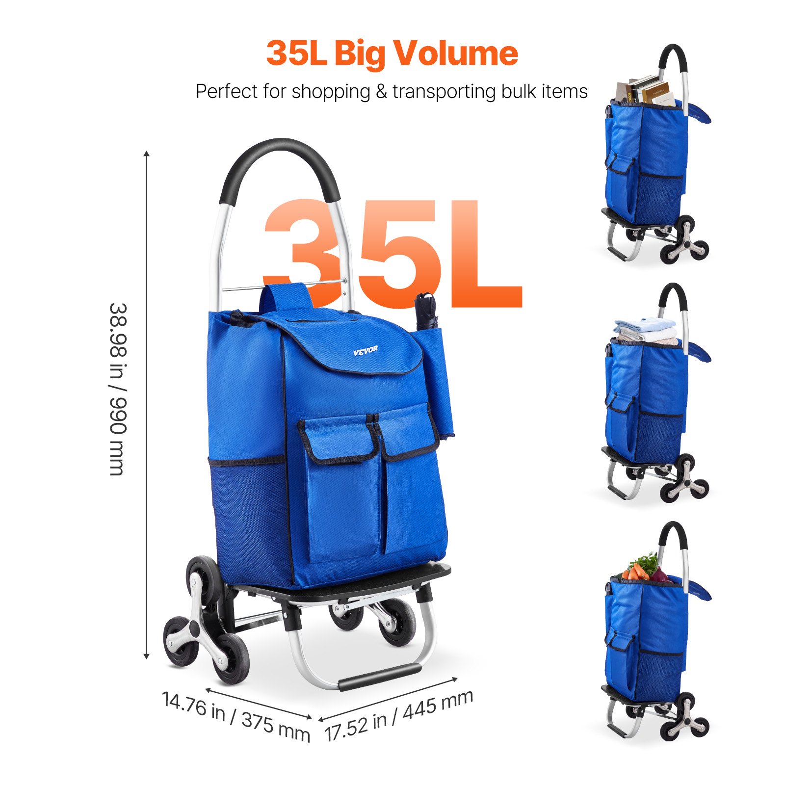 VEVOR Opvouwbare boodschappenwagen, 445 x 375 x 990 mm, traploopwagen met 6 wielen, opbergtas van Oxford-stof, voor boodschappen, kantoor, verhuizingen, transport, buiten, wasserij