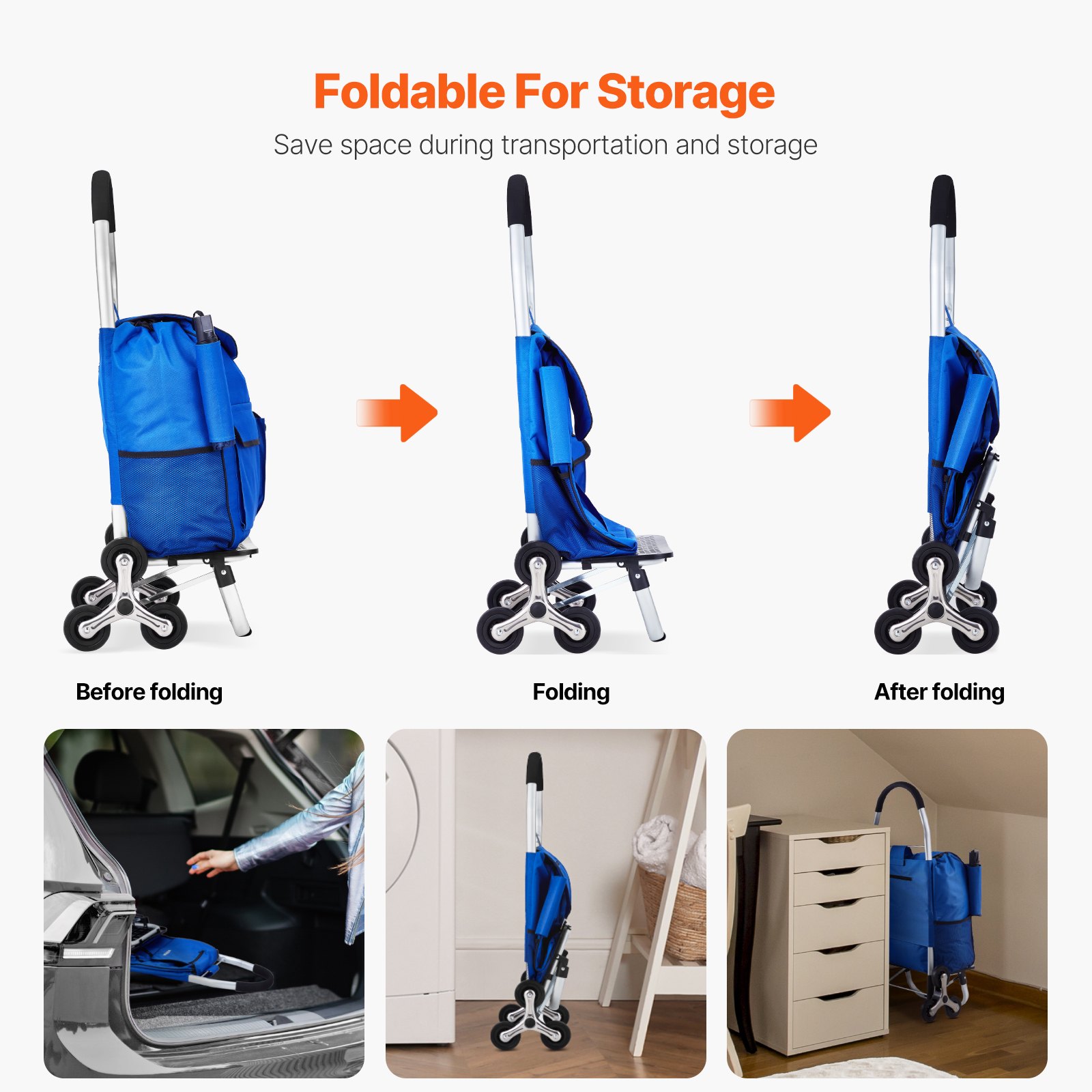VEVOR Opvouwbare boodschappenwagen, 445 x 375 x 990 mm, traploopwagen met 6 wielen, opbergtas van Oxford-stof, voor boodschappen, kantoor, verhuizingen, transport, buiten, wasserij