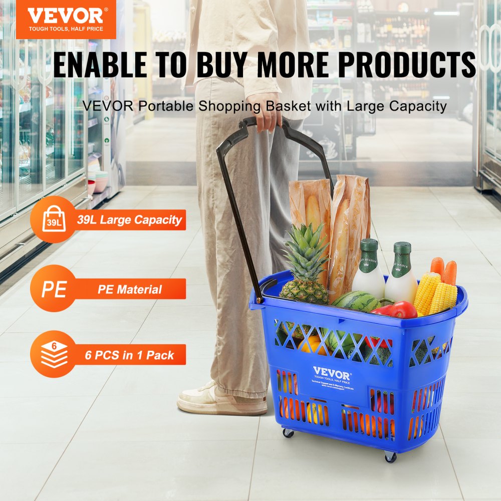 VEVOR Shopping Baskets, 6PCS, 39L Shopping Carts with Handles, Plastic Rolling Shopping Basket with Wheels, Large Portable Shopping Basket Set for Supermarkets, Retail Stores, Grocery Shopping, Blue