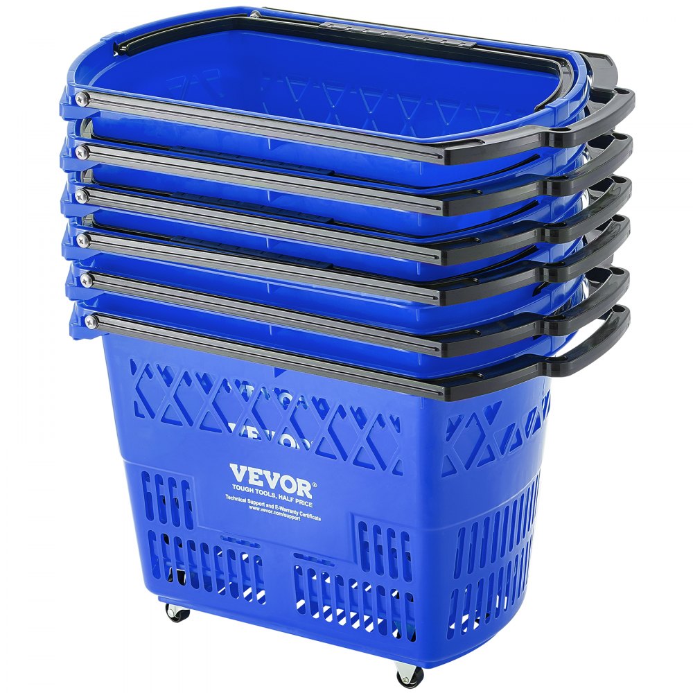 stacked blue plastic VEVOR rolling shopping trolley with black handles and wheels.