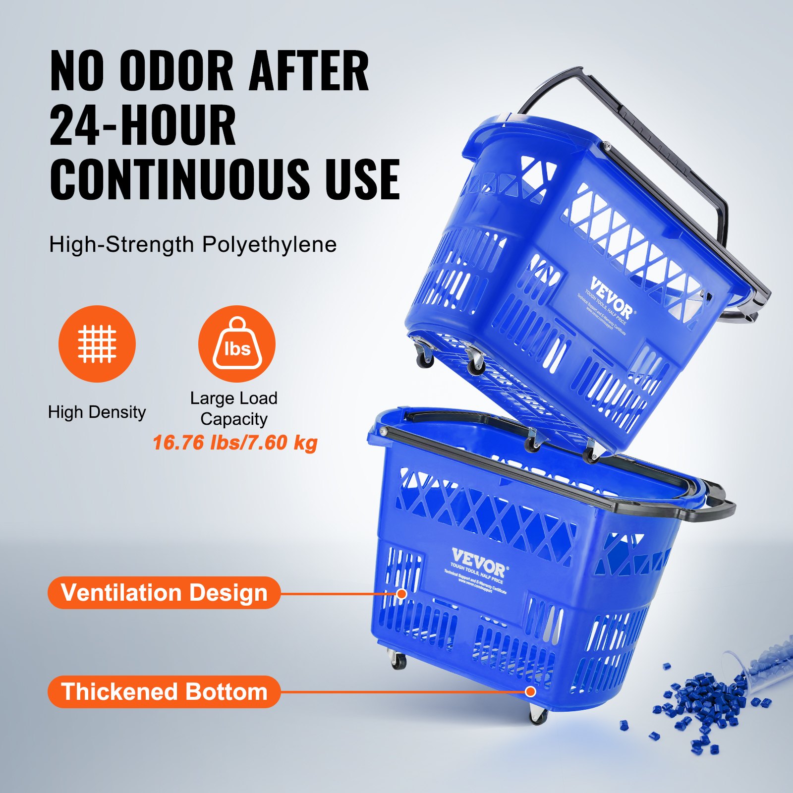 VEVOR Shopping Baskets, 6PCS, 39L Shopping Carts with Handles, Plastic Rolling Shopping Basket with Wheels, Large Portable Shopping Basket Set for Supermarkets, Retail Stores, Grocery Shopping, Blue