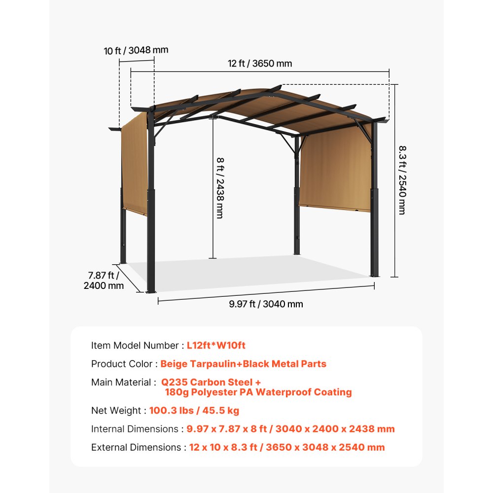 VEVOR Pergola 3650x3048x2540mm, tuinpergola met gebogen luifel, intrekbare paviljoen met zonnescherm, grote patio-paviljoen, ideaal voor patio, achtertuin, veranda, zwembad