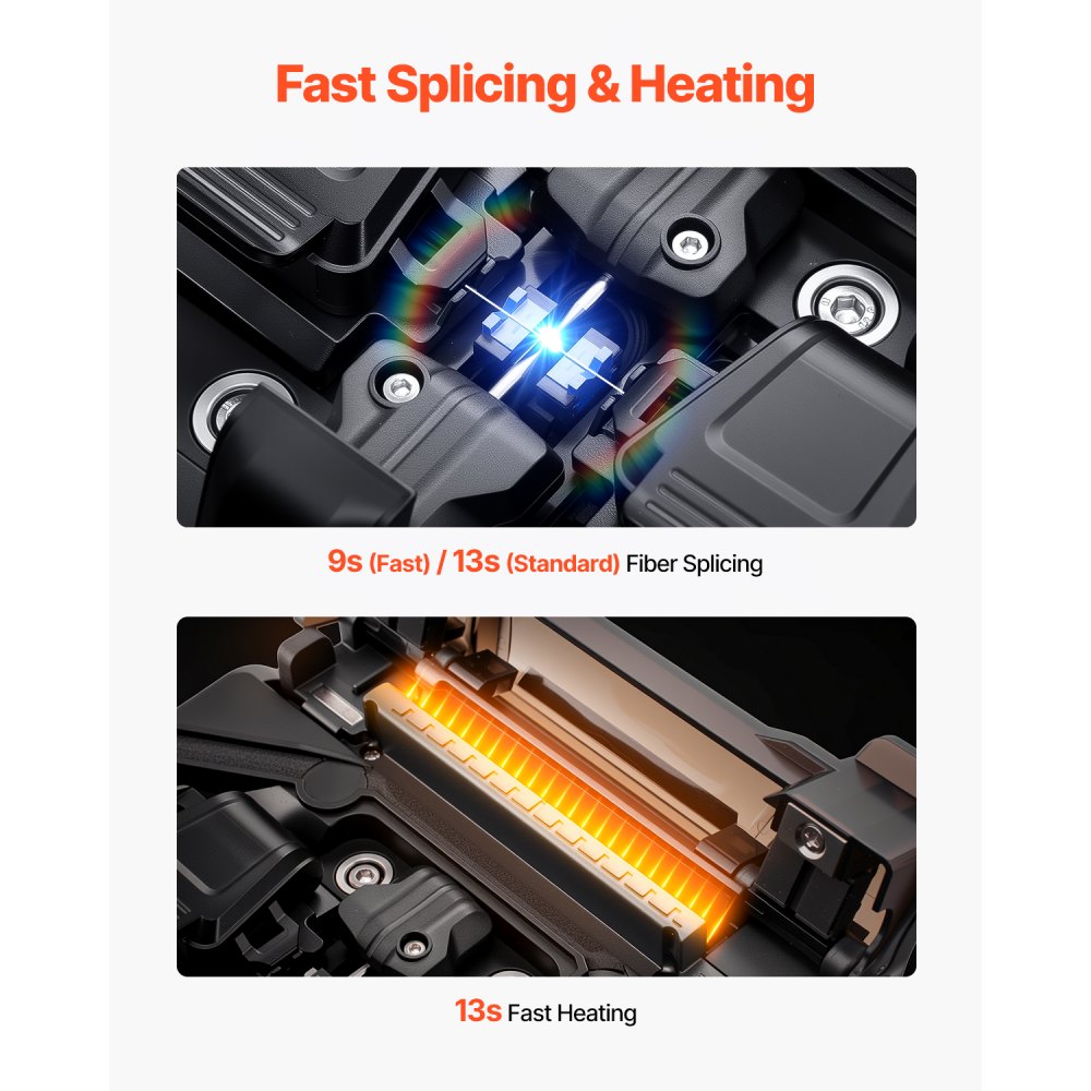 VEVOR Fiber Optic Fusion Splicer, 6 motoren, kern- en bekledingsuitlijning, met 6 seconden snelle splitsing en 13 seconden opwarmtijd, 5-inch LCD-scherm, 3-in-1 vezelhouder, 7800 mAh-batterij voor SM MM DS NZDS-vezels