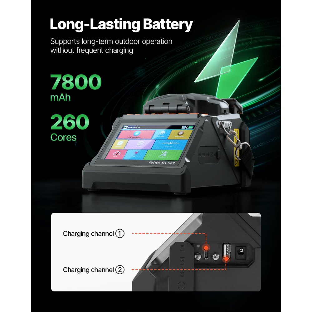 VEVOR Fiber Optic Fusion Splicer, 6 motoren, kern- en bekledingsuitlijning, met 6 seconden snelle splitsing en 13 seconden opwarmtijd, 5-inch LCD-scherm, 3-in-1 vezelhouder, 7800 mAh-batterij voor SM MM DS NZDS-vezels
