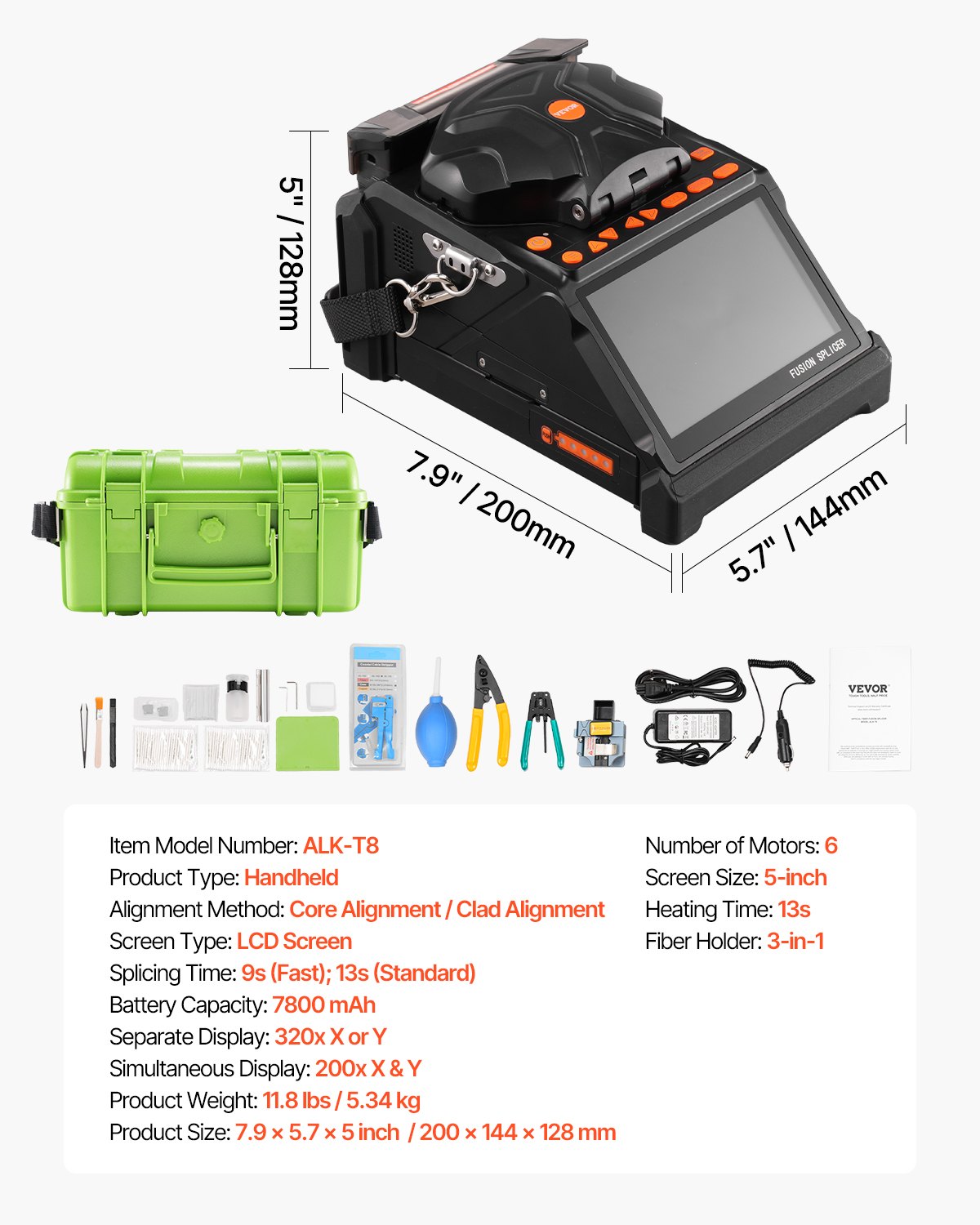 VEVOR Fiber Optic Fusion Splicer, 6 motoren, kern- en bekledingsuitlijning, met 6 seconden snelle splitsing en 13 seconden opwarmtijd, 5-inch LCD-scherm, 3-in-1 vezelhouder, 7800 mAh-batterij voor SM MM DS NZDS-vezels