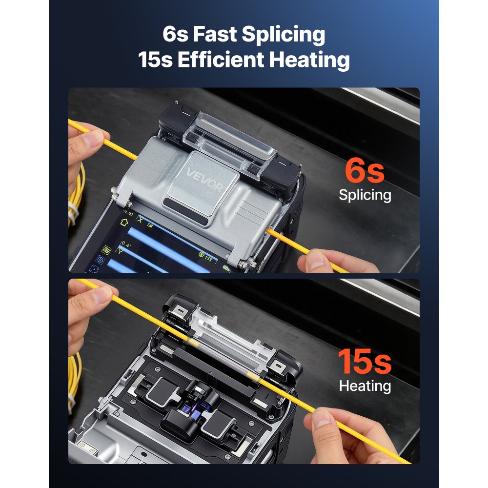 VEVOR glasvezellasser, 6 motoren, 0,2 µm kernuitlijning, fusielasser met VFL OPM voor SM MM DS NZDS, 6 seconden lassen, 15 seconden verwarmen, 5 inch touchscreen, 3-in-1 glasvezelhouder, 7800 mAh