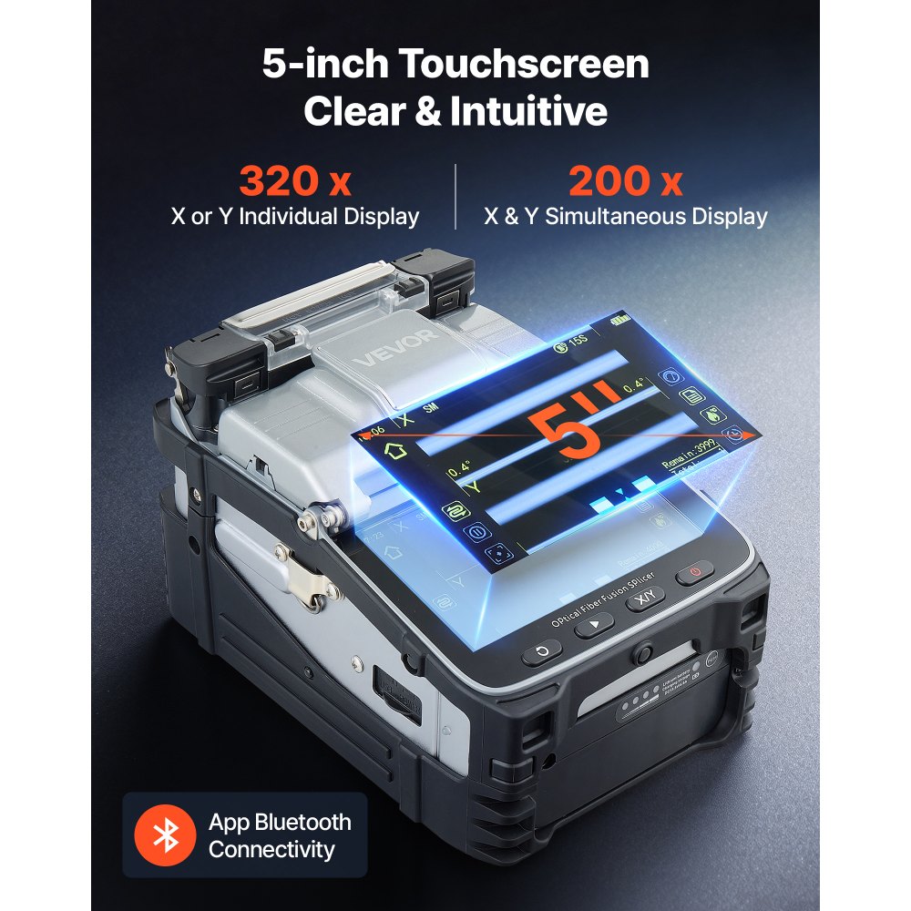 VEVOR glasvezellasser, 6 motoren, 0,2 µm kernuitlijning, fusielasser met VFL OPM voor SM MM DS NZDS, 6 seconden lassen, 15 seconden verwarmen, 5 inch touchscreen, 3-in-1 glasvezelhouder, 7800 mAh