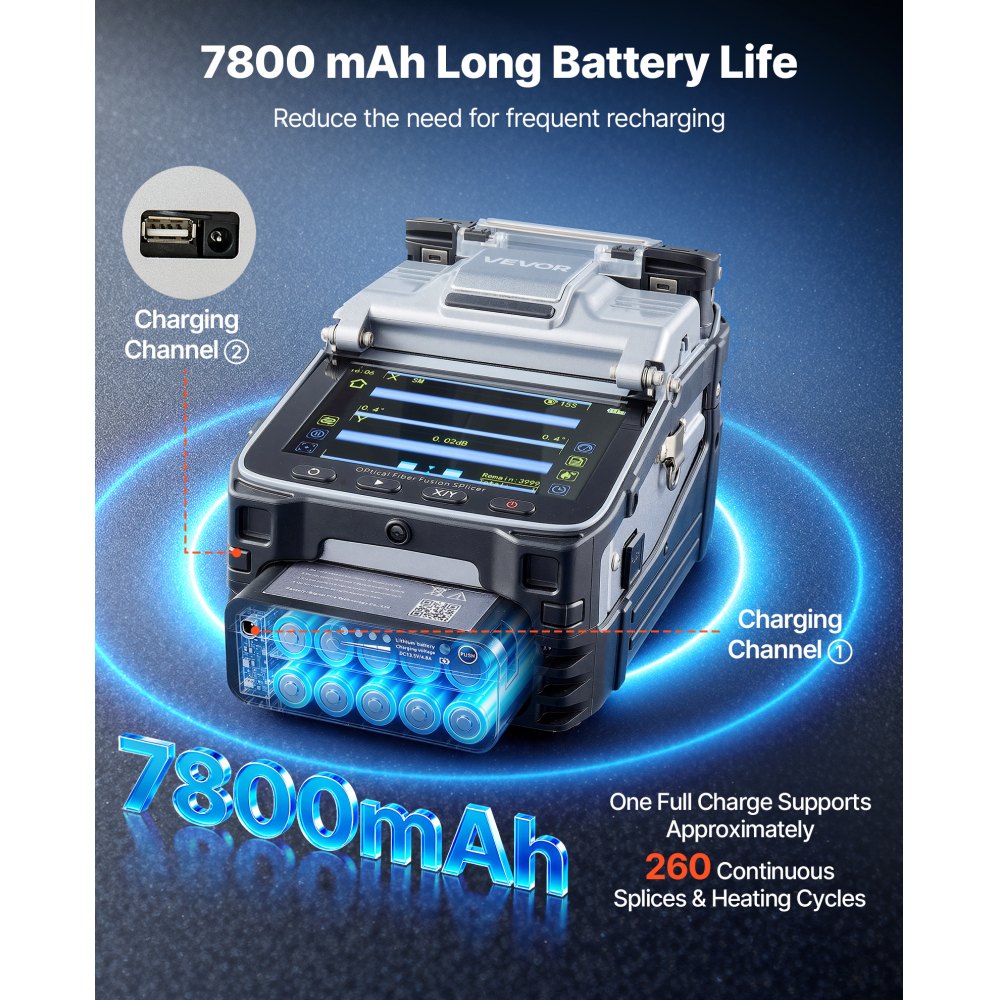 VEVOR glasvezellasser, 6 motoren, 0,2 µm kernuitlijning, fusielasser met VFL OPM voor SM MM DS NZDS, 6 seconden lassen, 15 seconden verwarmen, 5 inch touchscreen, 3-in-1 glasvezelhouder, 7800 mAh