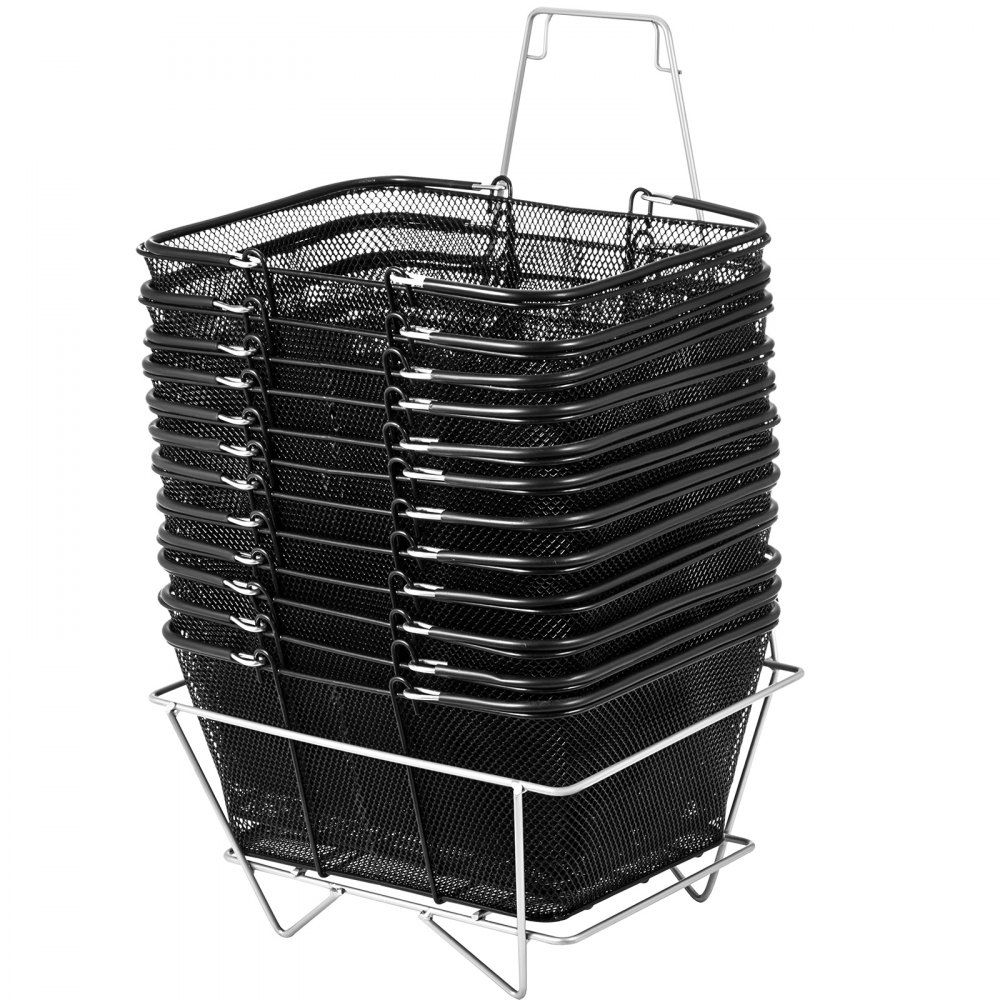 stack of black VEVOR shopping baskets in wire stand, showcasing compact and organized storage.