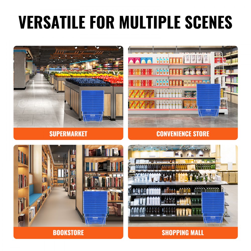 VEVOR Shopping Basket, Set of 12, 24L Durable Plastic Grocery Basket with Handle and Stand, 16.73 x 11.61 x 8.86 inch Portable Shop Basket Bulk Used for Retail Store Supermarket Grocery Shopping, Blue
