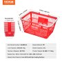 red VEVOR shopping basket with dimensions, load capacity, and basket stand details.