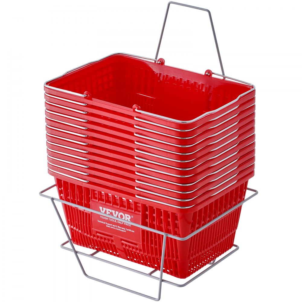 stack of red VEVOR shopping baskets with metal handles in a shop display rack.