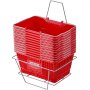 stack of red VEVOR shopping baskets with metal handles in a shop display rack.