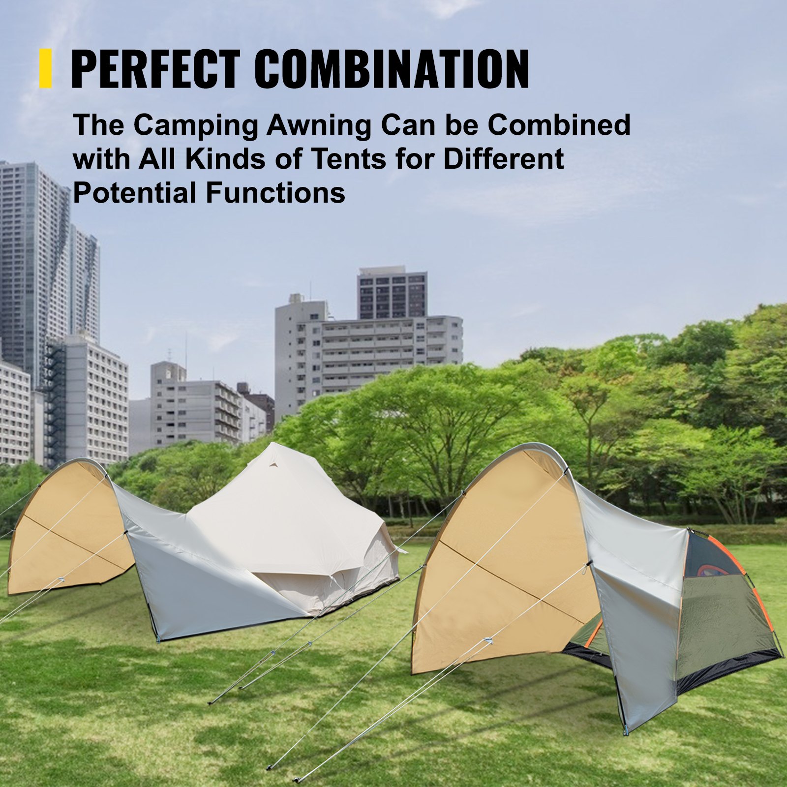 BuoQua Bell Tent Porch Awning 12.14x6.56x5.90ft Bell Tent Tarp Cotton Canvas Classic Awning Beige 3000 PU Multifunctional Shelter for Camping, Sunshade, Hiking, Lightweight and Backpacking Approved