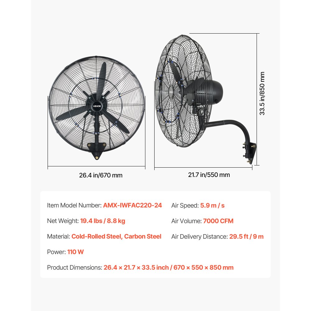 VEVOR 110W Industriële Wandventilator 67cm, 7m/s Oscillerende Wandventilator met 3 Miststanden & Verstelbare Kantelhoek, Commerciële Industriële Ventilator voor Werkplaats, Garage, Magazijn, Sportschool, Zwart
