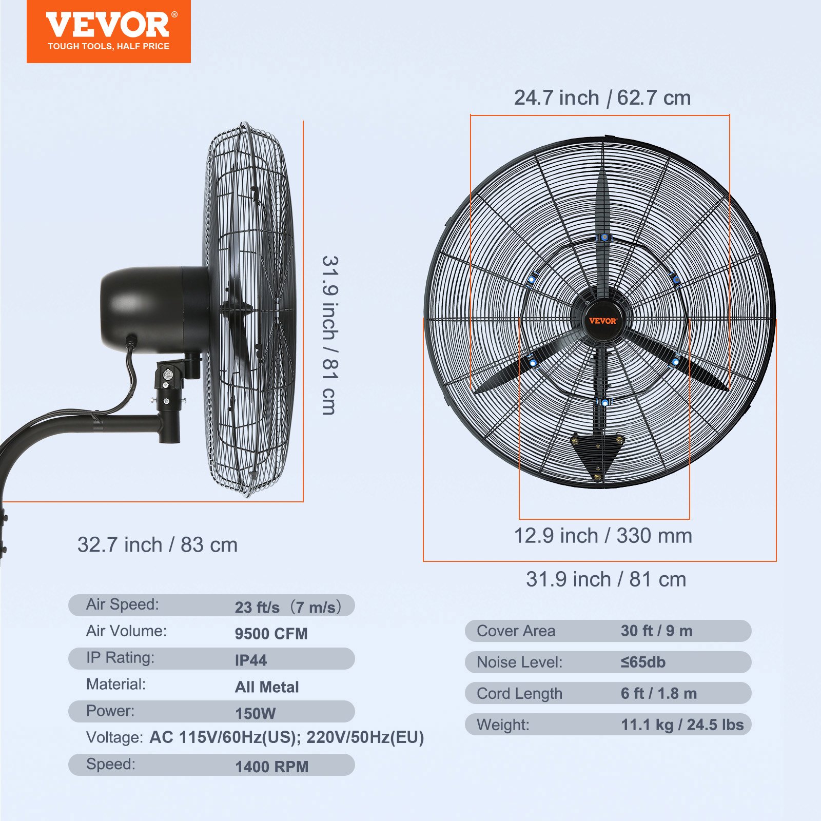 VEVOR Mist Fan, 74,9 cm waterdichte industriële ventilator, 3 snelheden, 9500 CFM, commerciële of residentiële ventilator voor het koelen van magazijnen, kassen en werkplaatsen