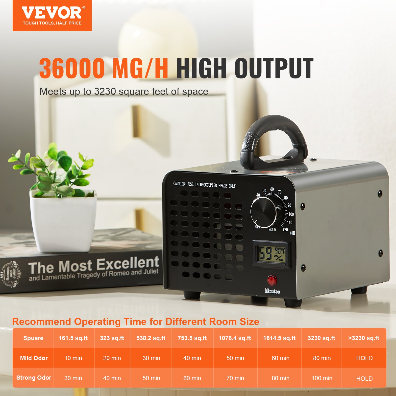 VEVOR Ozongenerator 36000mg/u Ozonisator 115W Luchtreiniger 300㎡ Ozonapparaat Gebouwrenovatie 0-120 Minuten Timer Deodorizer Ozongenerator Vochtigheidsweergave Intelligente Binnenklimaatbewaking
