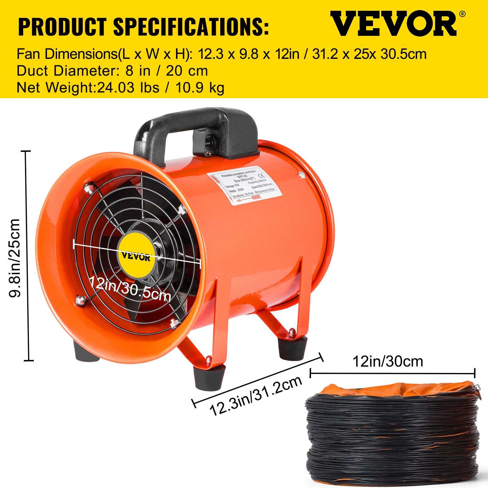 VEVOR Axiaal Ventilator Bouwventilator Afzuigventilator Extractor Fan 8' Afzuigventilator Blower draagbaar 10m Kanaalslang Ventilator