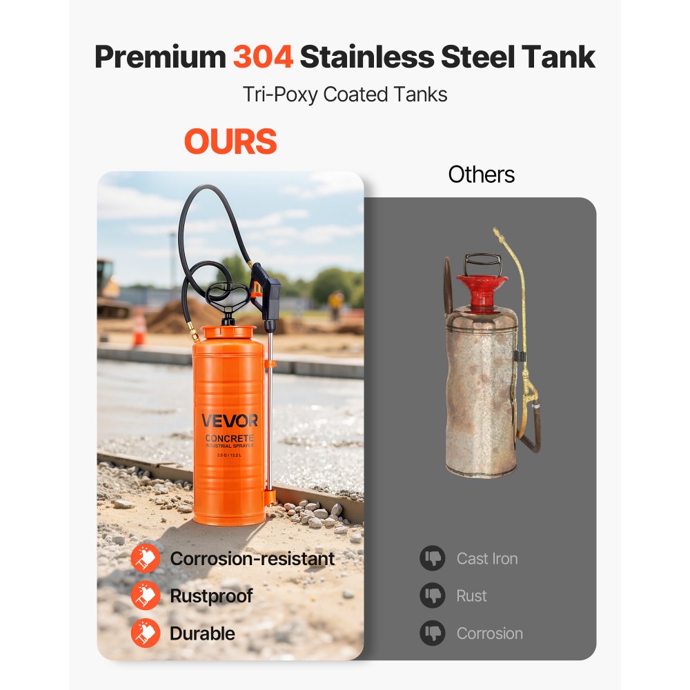 VEVOR Industriële drukspuit, 13,2L roestvrijstalen spuit, hoogwaardige pompspuit, lans met ergonomische pistoolgreep, slang, 2 messing sproeiers, ideaal voor de bouw en tuin