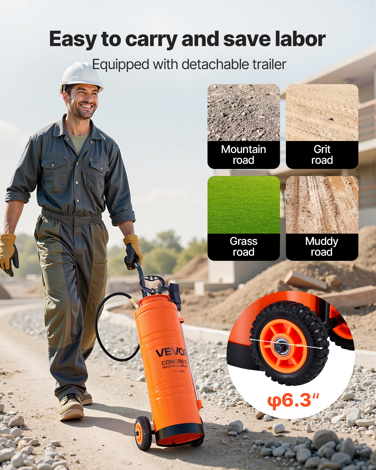 VEVOR Industrial Concrete Sprayer with Wheeled Cart, 5 Gallon Stainless Steel Sprayer, Heavy Duty Tri-Poxy Pump Sprayers, 20.5''Wand, 48" & 120" Hoses, 2 Brass Nozzles for Construction, Lawn & Garden