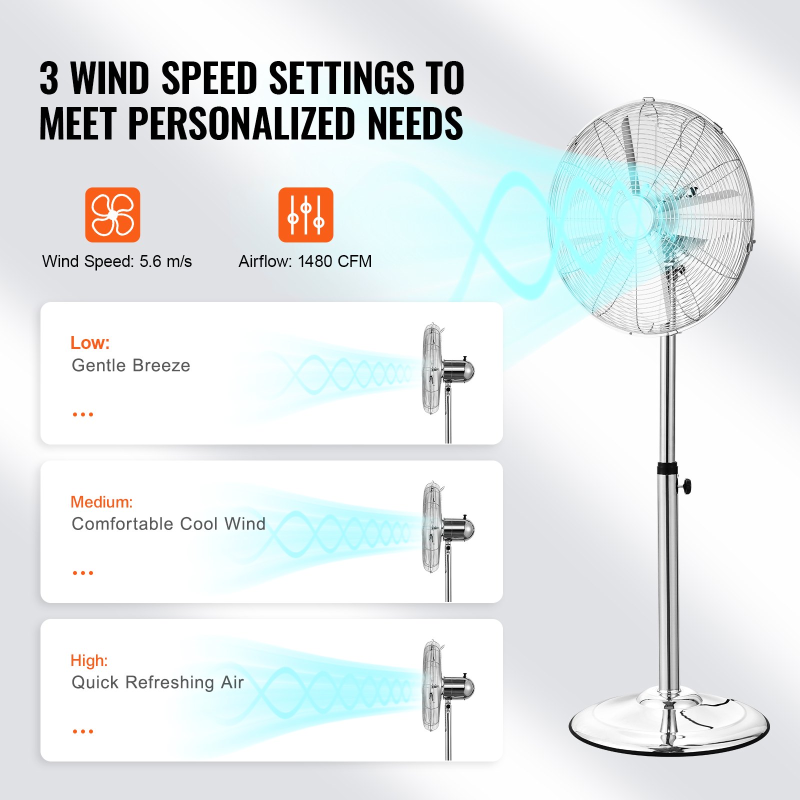 VEVOR Industrial Pedestal Fan, 16 Inch 75-Degree Oscillating Fan, Height Adjustable Standing Fans with 3 Adjustable Speeds, High Power Floor Fans for Bedroom, Living Room, Home, Office, Silver