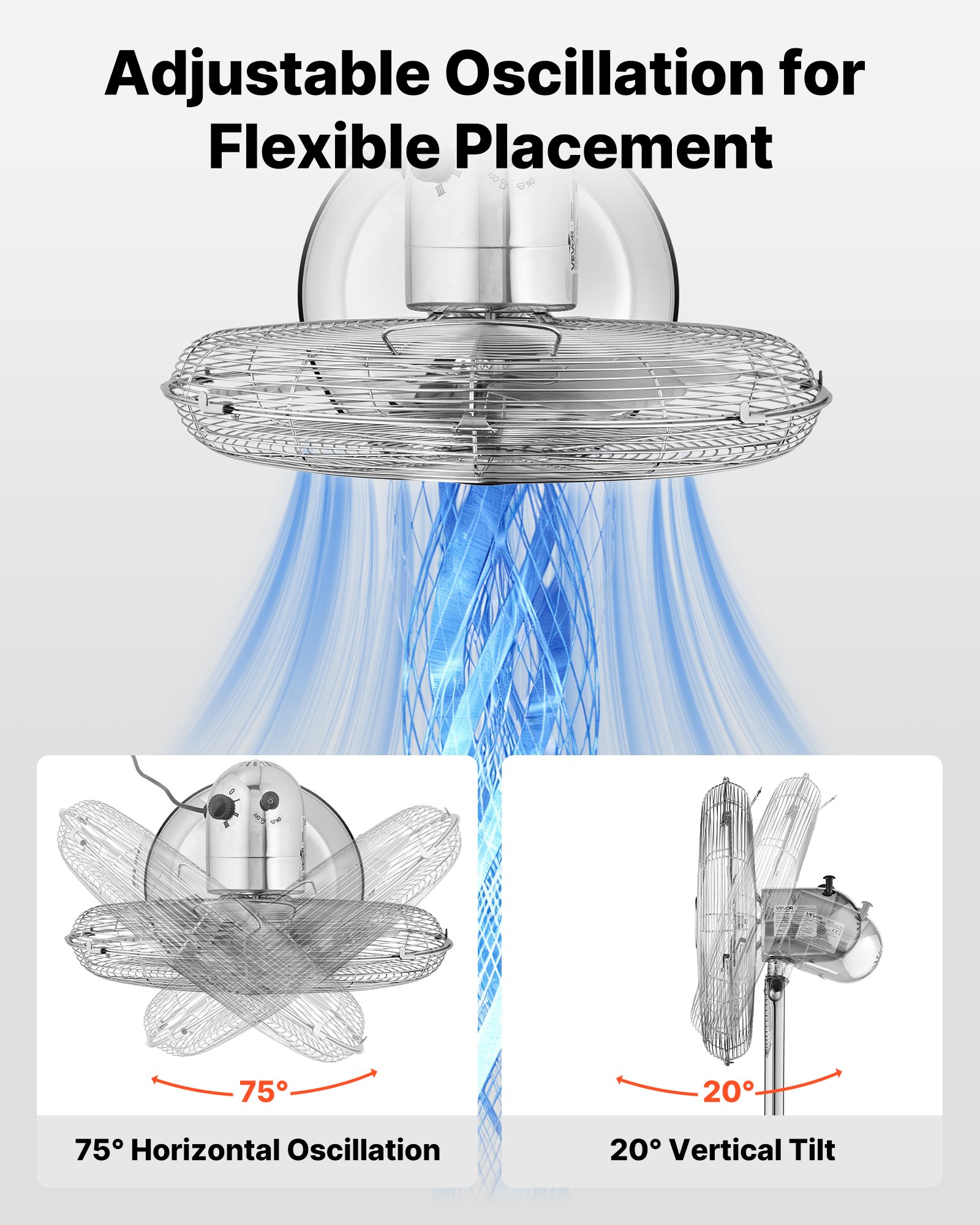 VEVOR Staande Ventilator φ44,5 cm, Industriële Ventilator met Handvat, 75° Oscillatie, In Hoogte Verstelbaar van 88,5 tot 123 cm, Metalen Ventilator, Geschikt voor Commercieel Gebruik, Garage, Werkplaats & Thuis, Zilver