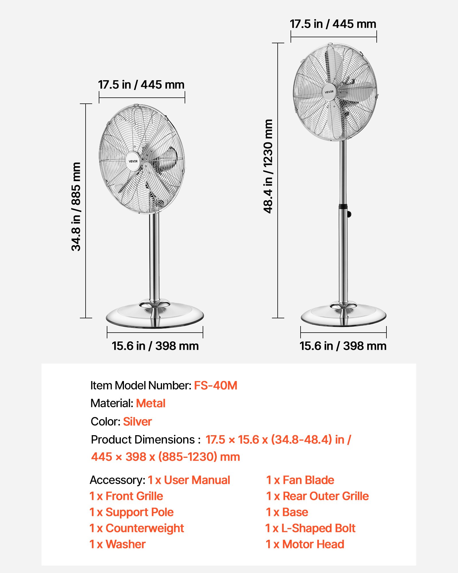 VEVOR Staande Ventilator φ44,5 cm, Industriële Ventilator met Handvat, 75° Oscillatie, In Hoogte Verstelbaar van 88,5 tot 123 cm, Metalen Ventilator, Geschikt voor Commercieel Gebruik, Garage, Werkplaats & Thuis, Zilver