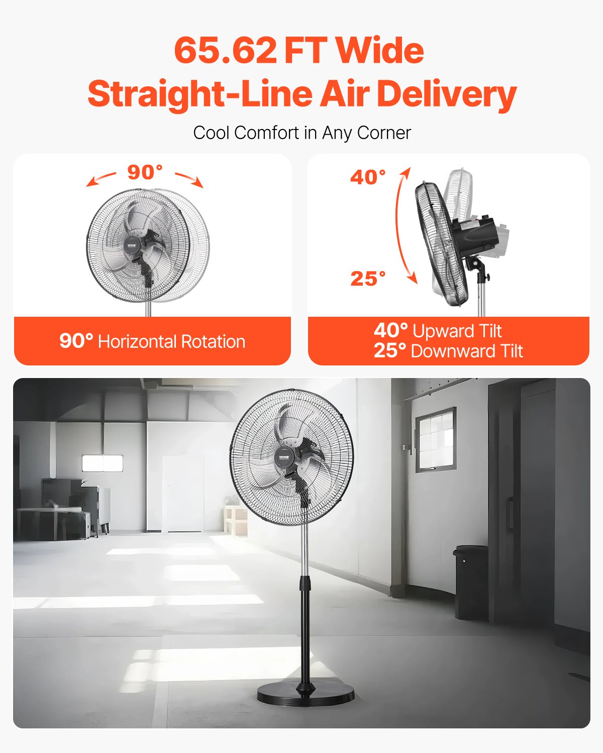 VEVOR Industrial Pedestal Fan, 20 Inch 90-Degree Oscillating Fan, Height Adjustable Standing Fans with 3 Adjustable Speeds, High Power Floor Fans for Bedroom, Living Room, Home, Office, Black