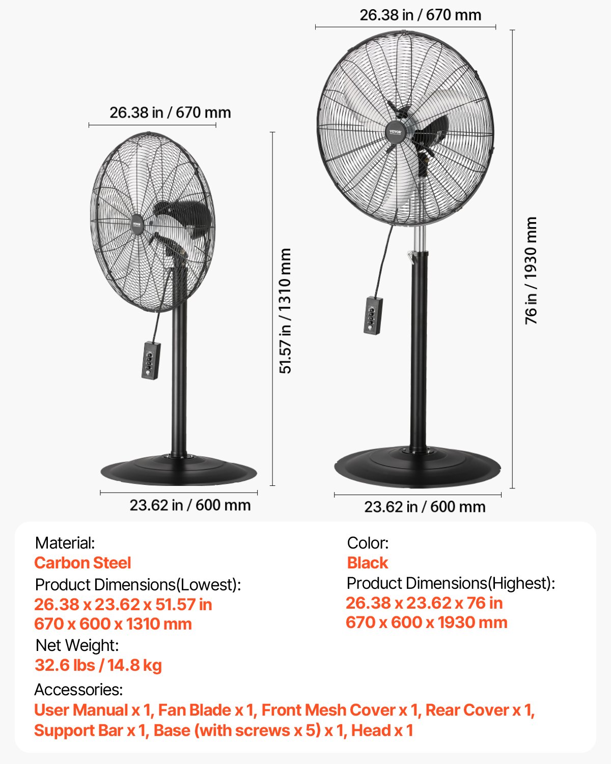 VEVOR Industrial Pedestal Fan, 24 Inch 85-Degree Oscillating Fan, Height Adjustable Standing Fans with 3 Adjustable Speeds, High Power Floor Fans for Bedroom, Living Room, Home, Office, Black