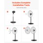 VEVOR Industrial Pedestal Fan, 30 Inch 85-Degree Oscillating Fan, Height Adjustable Standing Fans with 3 Adjustable Speeds, High Power Floor Fans for Bedroom, Living Room, Home, Office, Black