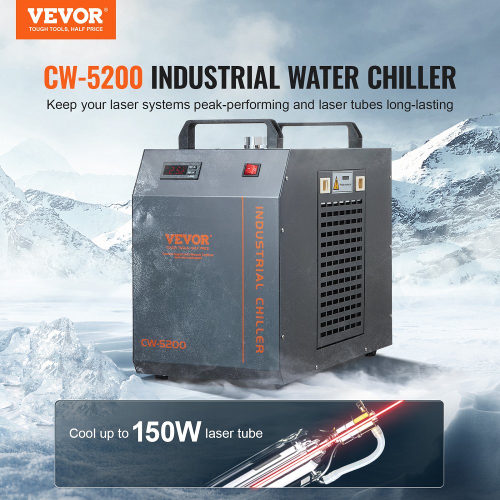 VEVOR Industriële waterkoeler, CW-5202, waterkoelsysteem met ingebouwde compressor, watertankinhoud van 7 liter, max. debiet van 18 l/min, voor CO2-lasergraveermachines.