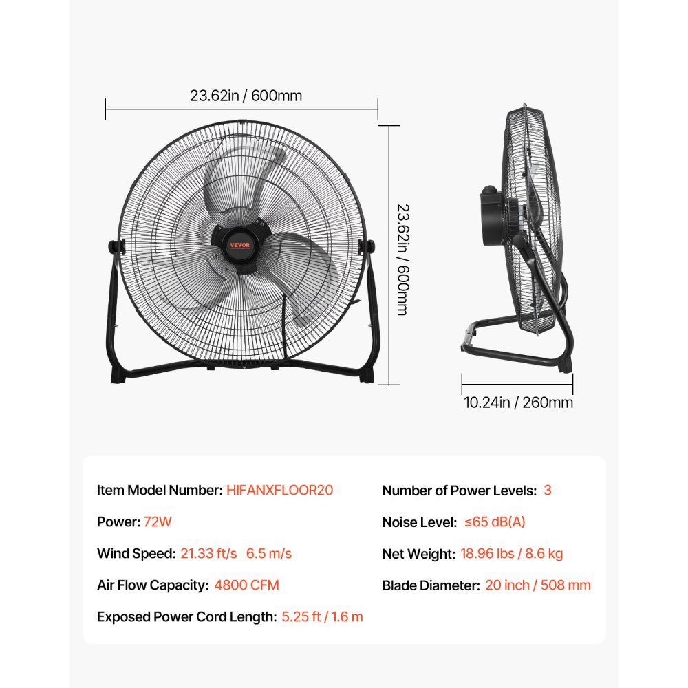 VEVOR vloerventilator, 3-snelheden windmachine, 508 mm, 4800 CFM, 360° verstelbare kanteling, 6,5 m/s luchtstroom, grote metalen ventilator, voor thuis, sportschool, kantoor, garage, commerciële winkel