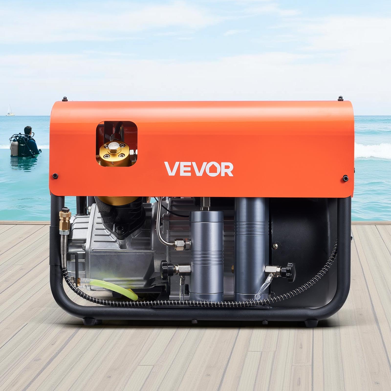 VEVOR PCP-luchtcompressor, 30 MPa, duikcompressor met dubbele cilinder, automatische stop, 35 l/min ademluchtcompressor, waterkoelsysteem, ingebouwde ventilator, voor duikfles, paintball en luchtgeweer