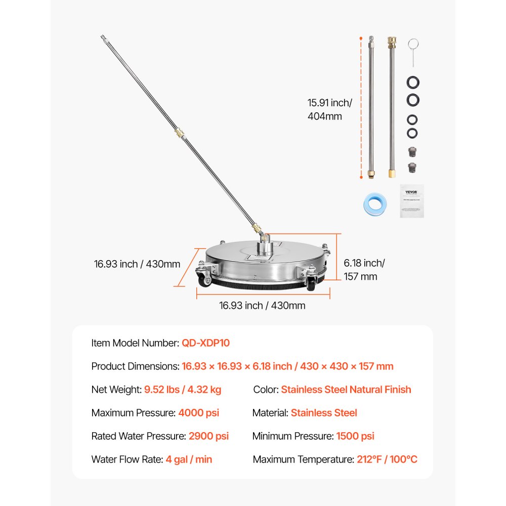 VEVOR 430 mm hogedrukreiniger voor oppervlakten, roestvrijstalen oppervlaktereiniger met 4 wielen, max. 4000 PSI, 1/4 inch snelkoppeling, 2 sproeikoppen, 2 verlengde staven voor beton, terras en dek