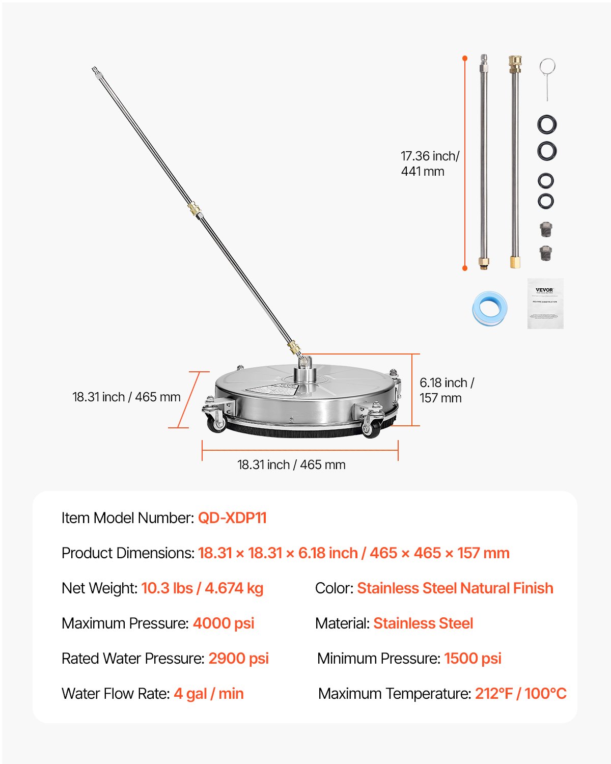 VEVOR 465 mm hogedrukreiniger voor oppervlakten, roestvrijstalen oppervlaktereiniger met 4 wielen, max. 4000 PSI, 1/4-inch snelkoppeling, 2 sproeikoppen, 2 verlengde staven voor beton, terras en dek
