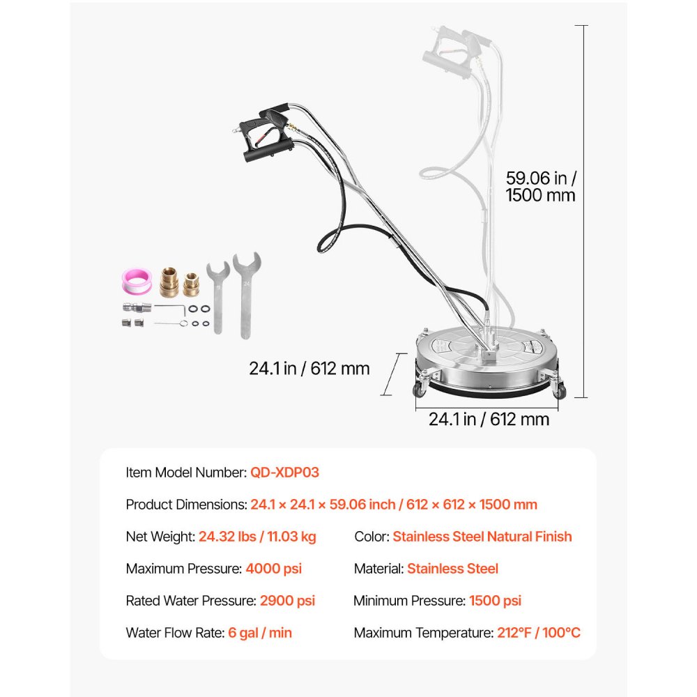 VEVOR 24" Pressure Washer Surface Cleaner, Stainless Steel Pressure Washer Attachments with 4 Wheels, 4000 Max PSI, 3/8 Quick Connector, 2 Spray Nozzles, Dual Handle, for Concrete, Patio, Sidewalk