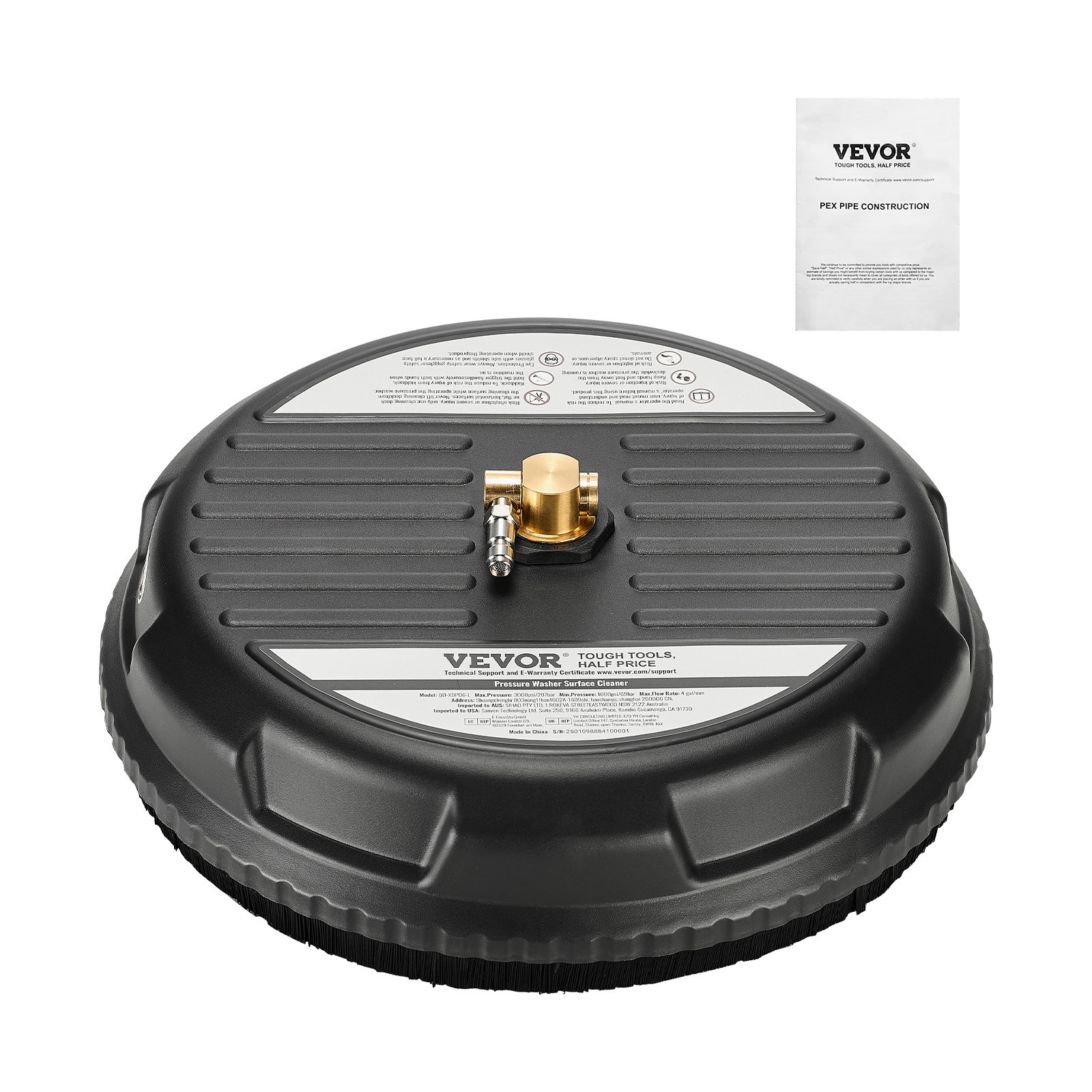 VEVOR 15" Pressure Washer Surface Cleaner, Plastic Pressure Washer Attachments with 4 Wheels, 4000 Max PSI, 1/4 Quick Connector, 2 Spray Nozzles, Ideal for Driveways, Sidewalks, Patios, Decks, Black