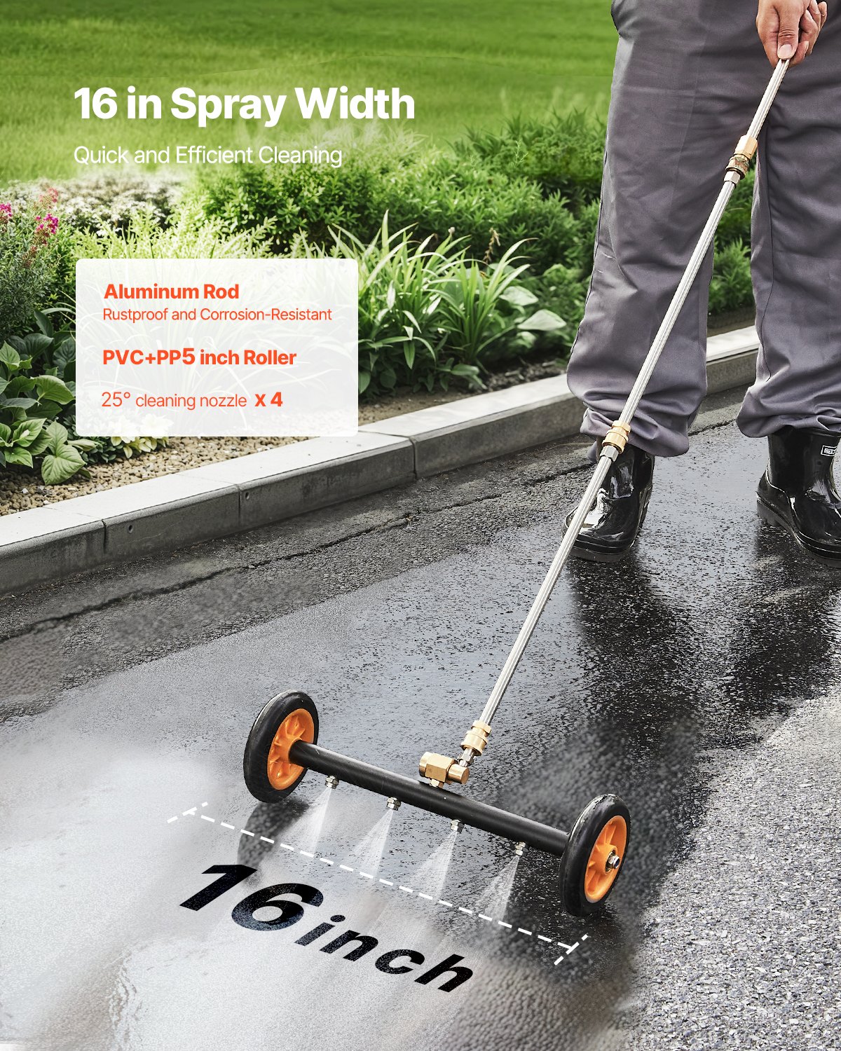 VEVOR 415 mm hogedrukreiniger voor de onderkant van de carrosserie, roestvrijstalen oppervlaktereiniger, 4000 PSI max., hoekverstelling, 4 sproeikoppen, 2 verlengde staven voor oprit, terras en dek