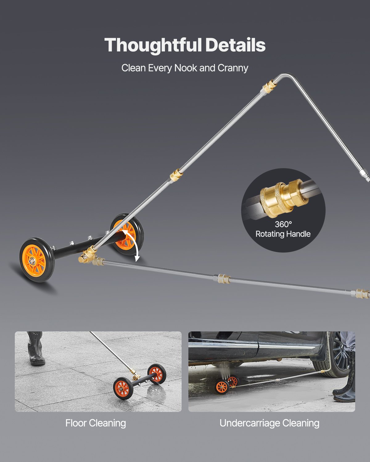 VEVOR 415 mm hogedrukreiniger voor de onderkant van de carrosserie, roestvrijstalen oppervlaktereiniger, 4000 PSI max., hoekverstelling, 4 sproeikoppen, 2 verlengde staven voor oprit, terras en dek