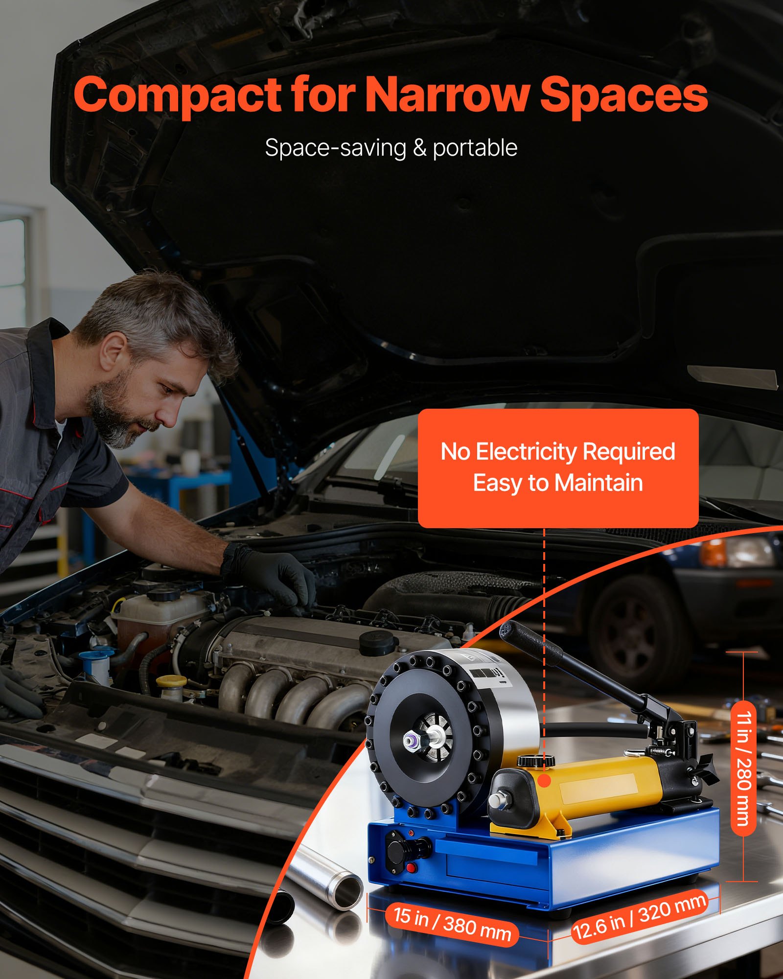 VEVOR slangkrimptang, een slangkrimptang met 8 matrijzen en een krimpbereik van 6 tot 28 mm, voor lagedruk- en hogedruk-olieleidingen, gas-/water-/airconditioningslangen en kabelaansluitingen.