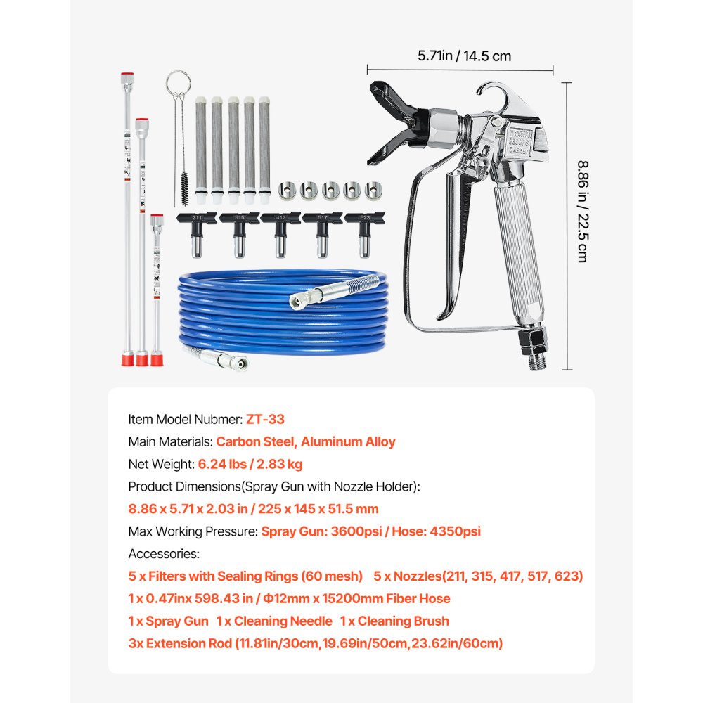 VEVOR Airless verfspuitpistool en slangset, 3600 PSI verfspuitslangset met 5 tips, 211, 315, 417, 517, 623, Airless spuitpistoolset met filters, slang en verlengstangen