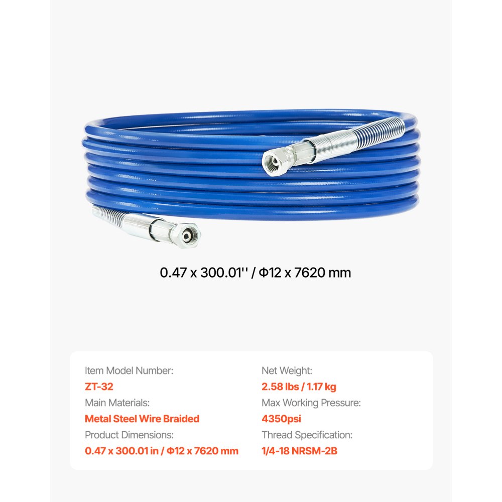 VEVOR 7,62 m Airless verfspuitslang, 1/4 inch universele airless verfspuitslang, 4350 PSI airless spuitslang, meerlaagse versterkte stalen gevlochten slang voor verfspuiten