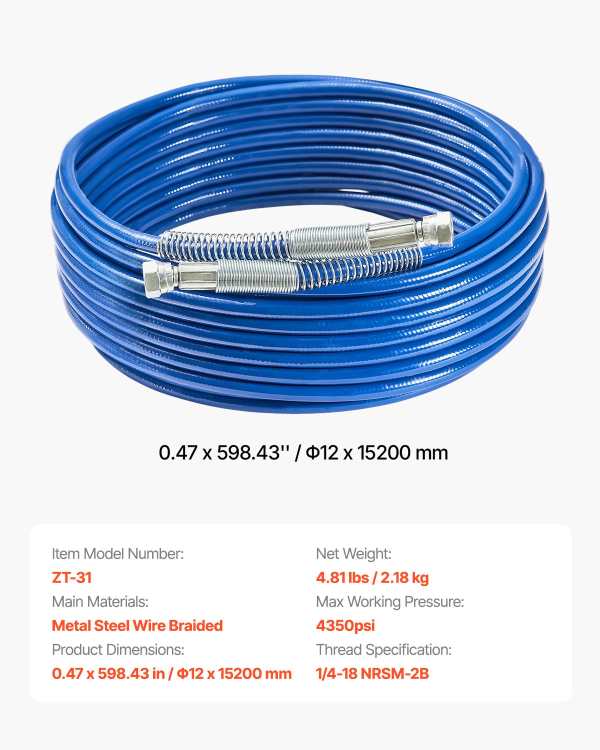 VEVOR 15,2 m Airless verfspuitslang, 1/4 inch Airless verfspuitslang, 4350 PSI flexibele Airless spuitslang, meerlaagse versterkte stalen gevlochten slang voor verfspuit