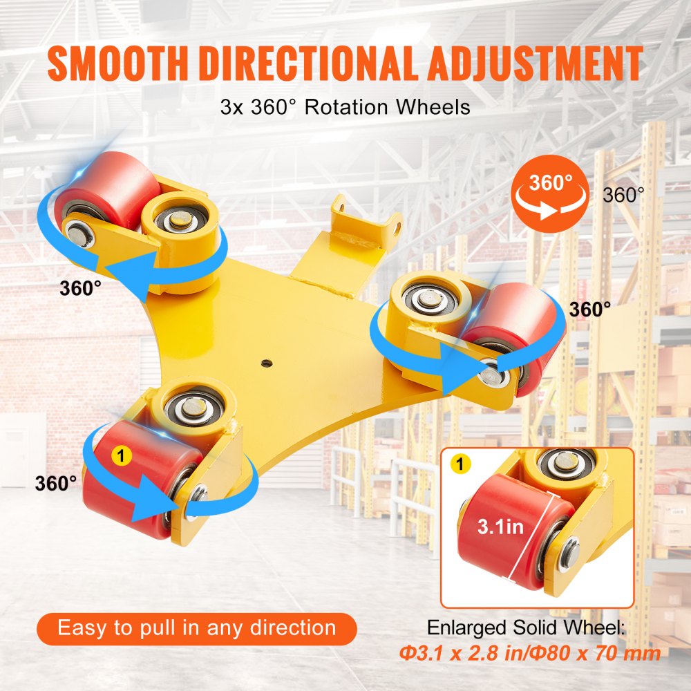 VEVOR 3T Transportkar met handvat 425x335x116mm Transportrollen van koolstofstaal Industriële rol met 3x 360° PU-wielen Rol Ф165x10mm Draaibare plaat Meubeltransporthulpmiddel Transportrol