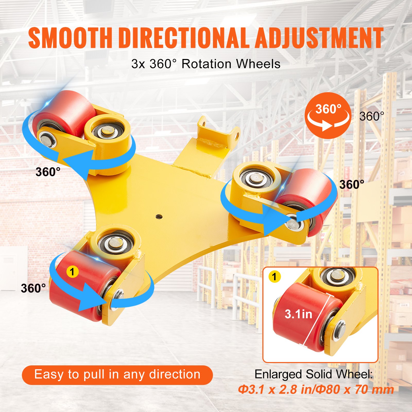 VEVOR 3T Transportkar met handvat 425x335x116mm Transportrollen van koolstofstaal Industriële rol met 3x 360° PU-wielen Rol Ф165x10mm Draaibare plaat Meubeltransporthulpmiddel Transportrol